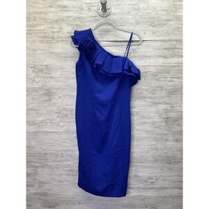 Marina Dress Womens 4 Blue Sheath One Shoulder Ruffle Midi Lined Formal Cocktail